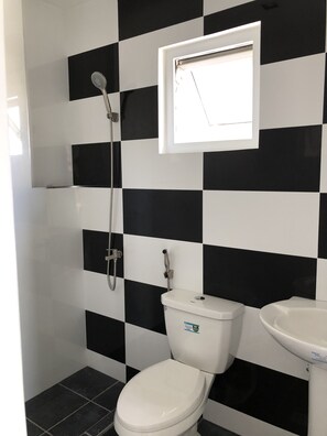 Bathroom features a toilet, sink, and handheld showerhead.