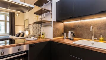Apartamento clássico | Cozinha privada | Geladeira grande, fogão, cooktop, lava-louças
