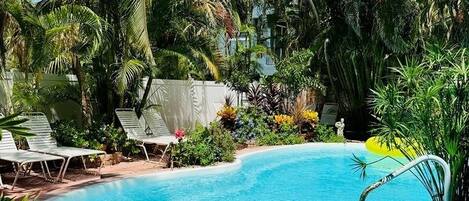 Una piscina rodeada de abundante vegetación y palmeras.