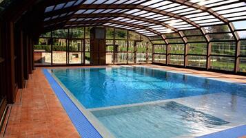 An indoor swimming pool with a glass ceiling, surrounded by a brick floor and stone walls.