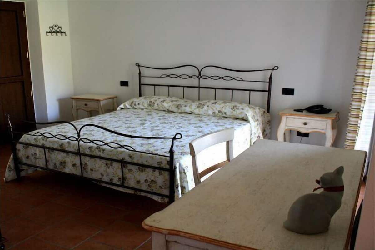 Un dormitorio con estructura de cama metálica, una mesita de noche, una silla y una pequeña mesa con un gato.