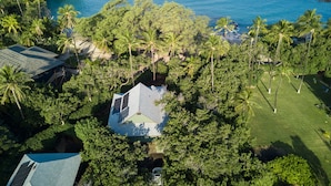 Vista aérea de um resort tropical com uma casa grande cercada por palmeiras e uma praia.