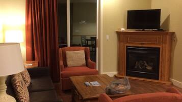 Flat-screen TV, fireplace, DVD player, video library