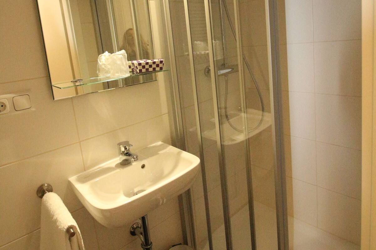 shower, rainfall showerhead, free toiletries, hair dryer