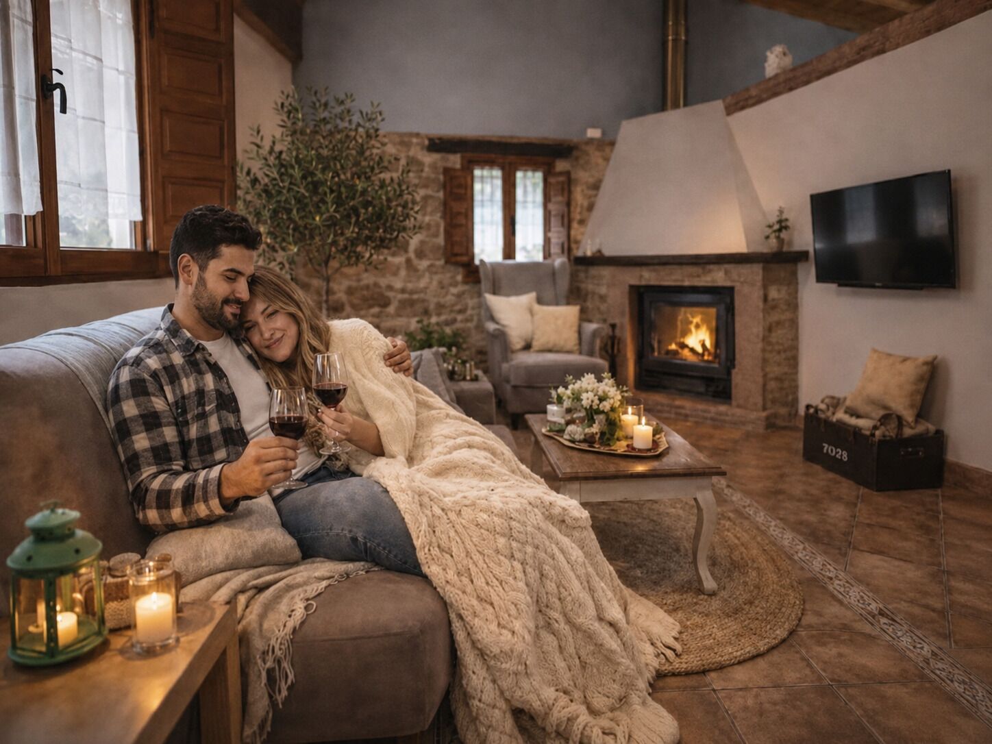 A cozy living room with a fireplace, a sofa, and a coffee table with candles.