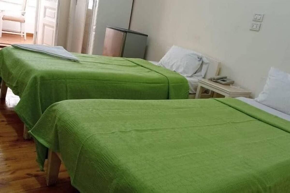 A hotel room with two beds, each covered with green bedspreads, and white pillows. There is a small bedside table with a phone and a lamp.