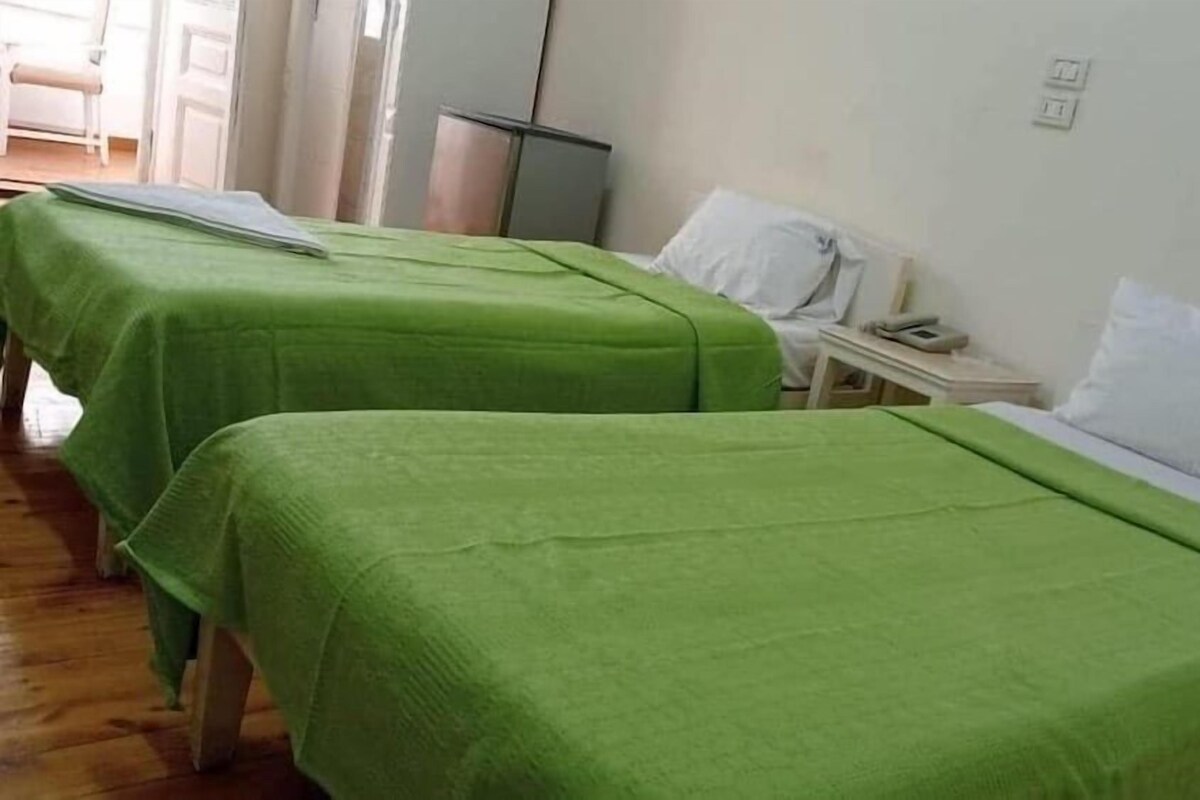 A hotel room with two beds, each covered with green bedspreads, a bedside table with a lamp, and a small bedside table with a phone.