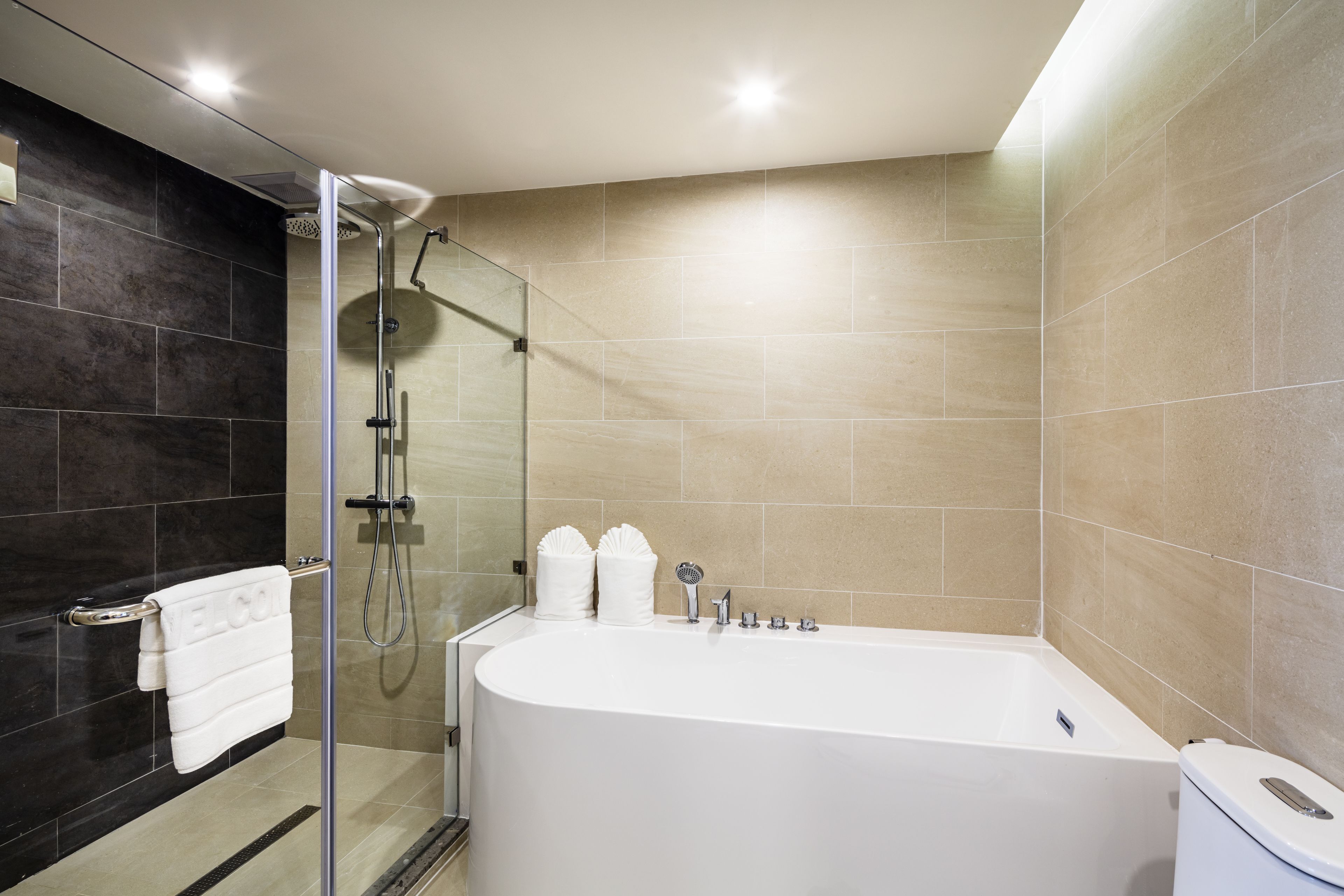 A modern bathroom with a glass-enclosed shower, a freestanding bathtub, and a toilet.