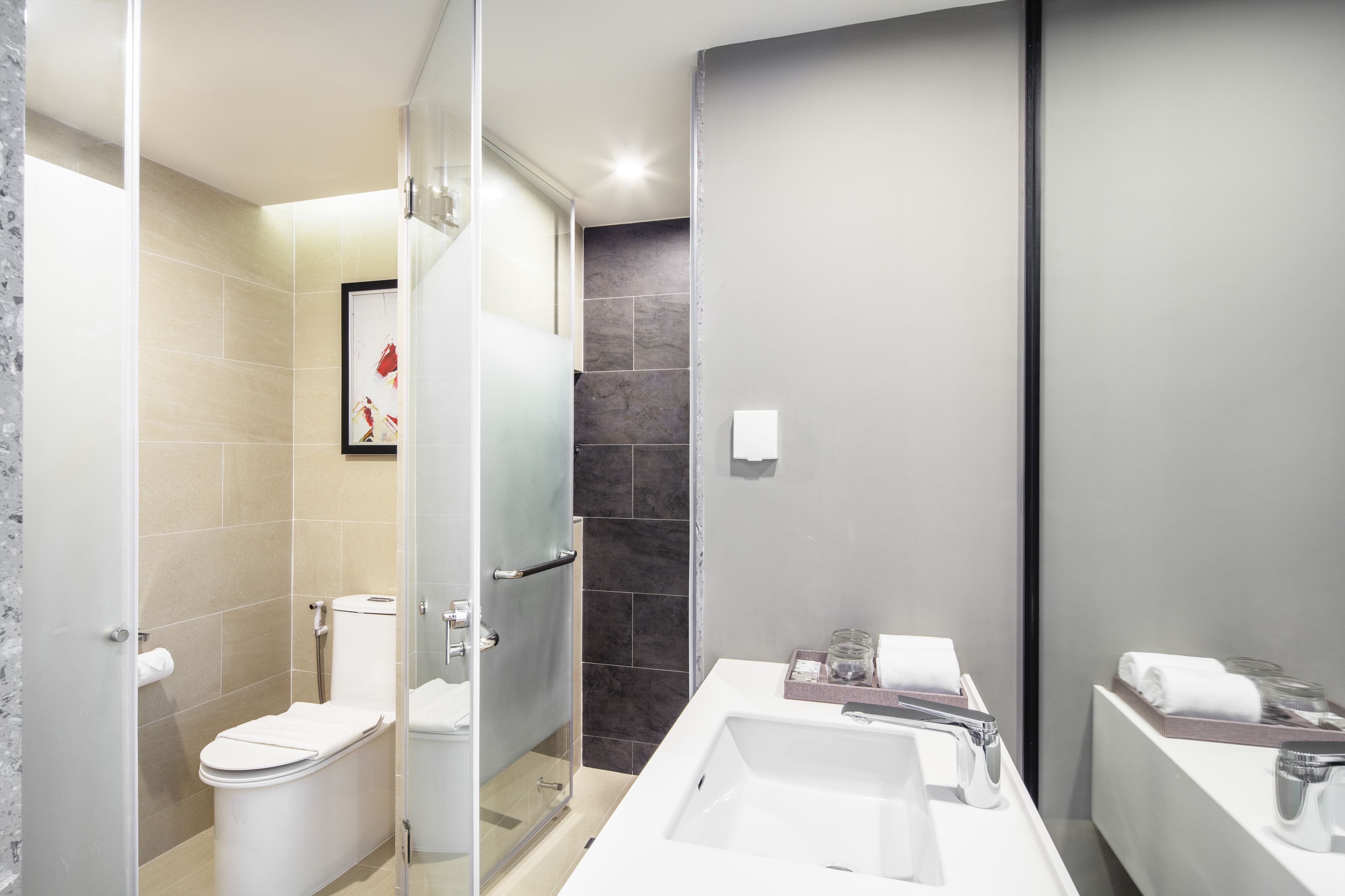 A modern bathroom with a glass shower enclosure, a white sink with a mirror, and a toilet.