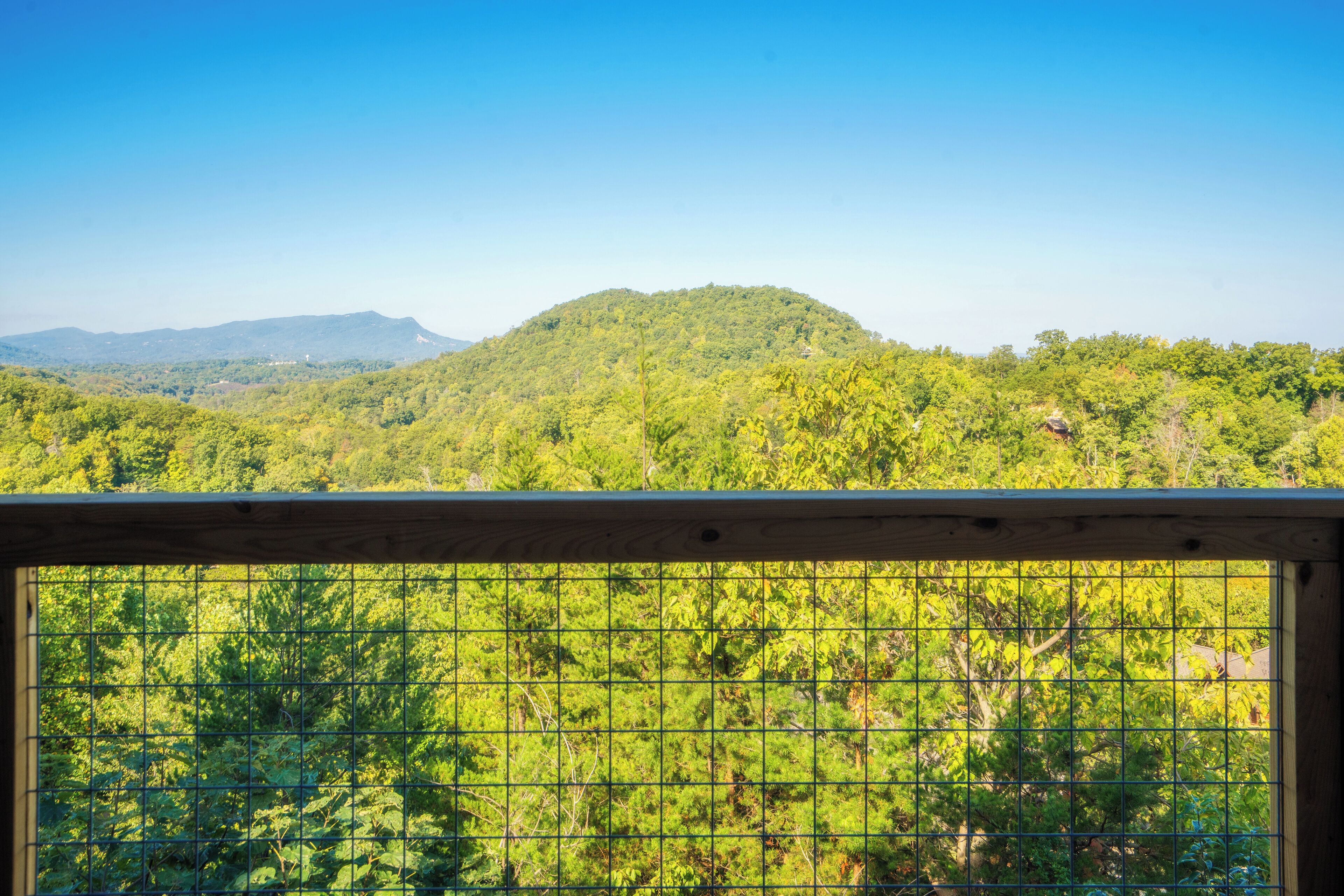 A view through a wooden fence with a grid pattern, overlooking a lush green landscape with a hill in the distance.
