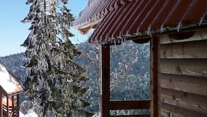 A wooden cabin with a snow-covered roof and a large evergreen tree in front. - Lodge Nagramak (Bajina Bašta)