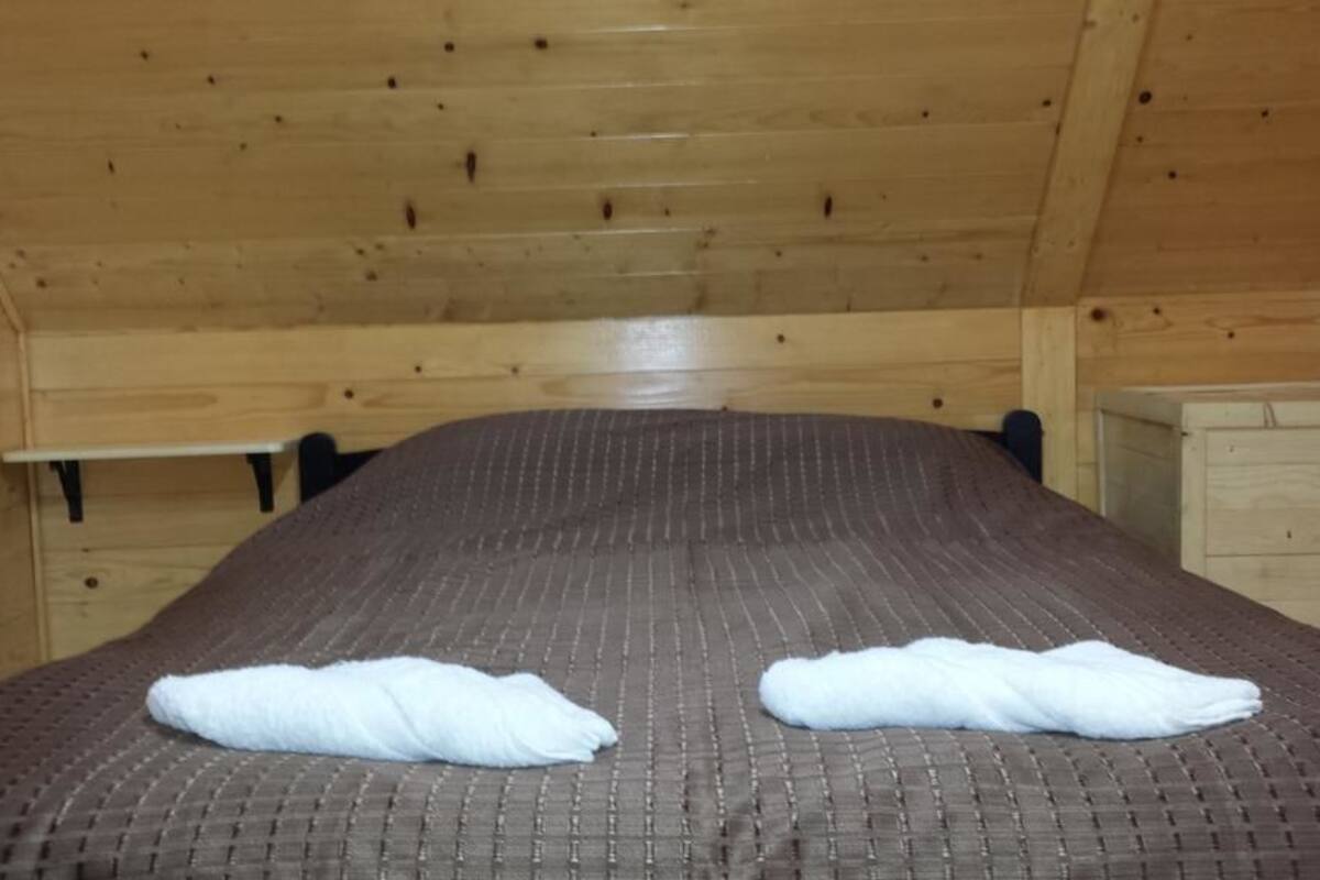 A wooden cabin-style room with a bed, two pillows, and a small wooden cabinet.