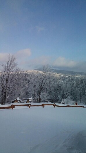 A snow-covered landscape with a wooden fence and buildings in the background.