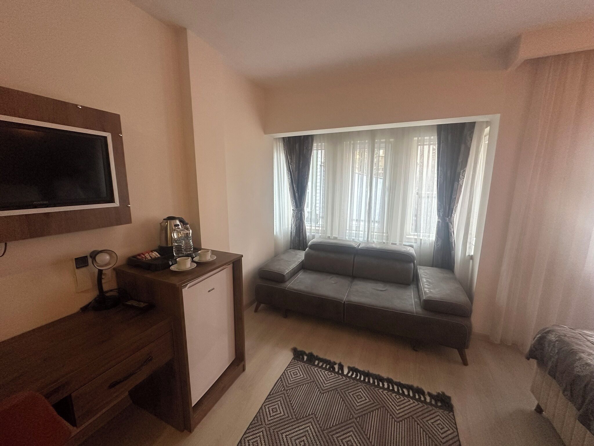 Une chambre d’hôtel compacte comprenant un canapé, une petite télévision, un coin café et une fenêtre avec des rideaux légers.