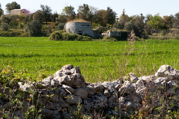 A stone wall in a field with a stone structure in the background. - Beachfront apartment in Residence Rosa Virginia Pool (Gallipoli)