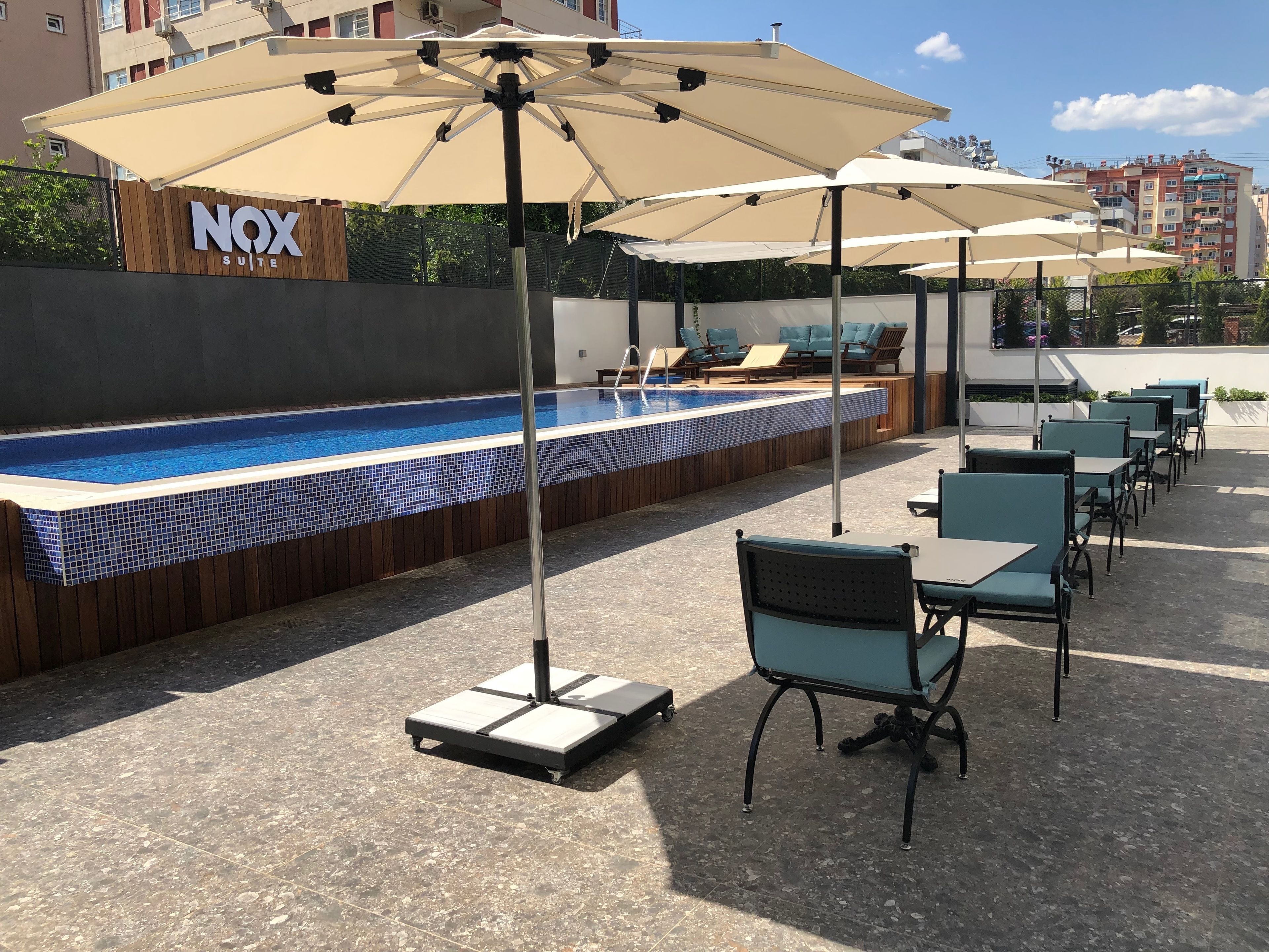 Seasonal outdoor pool, sun loungers