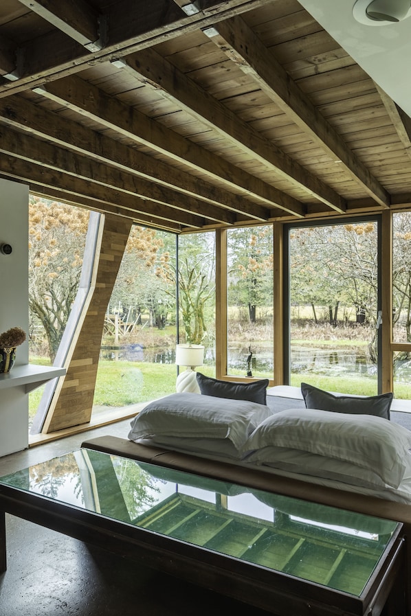 A bedroom with a glass bed, large windows, and a view of trees.
