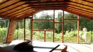 Una habitación con techo de madera inclinado y ventanas amplias que dan a un área boscosa.