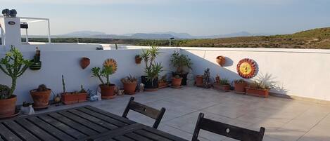 A rooftop terrace with potted plants, a wooden table, and a bench.