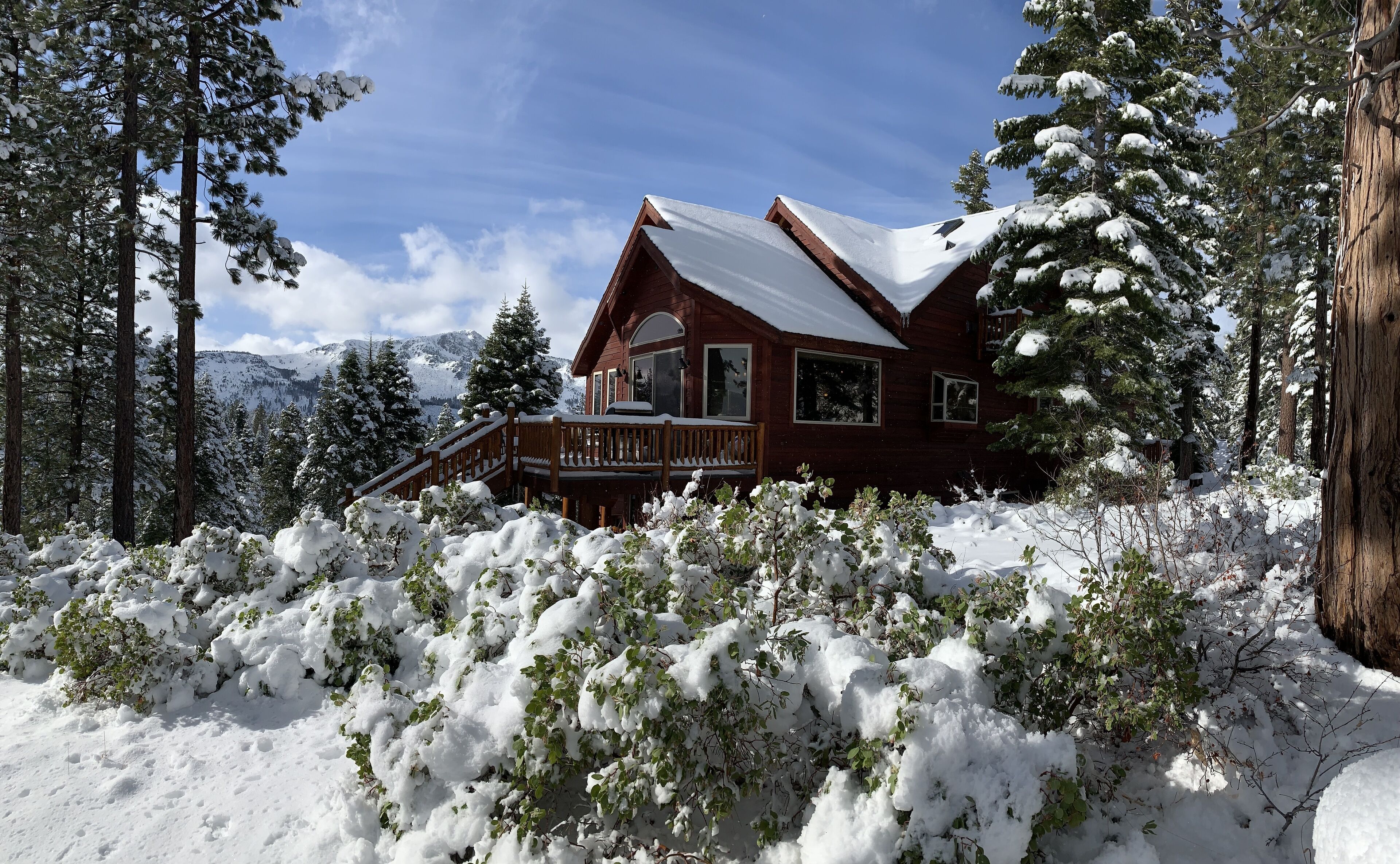 Une cabane en bois, dont le toit est recouvert de neige, entourée d’arbres chargés de neige et avec une chaîne de montagnes en arrière-plan.