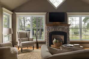 Älytelevisio, takka, kirjoja, stereot