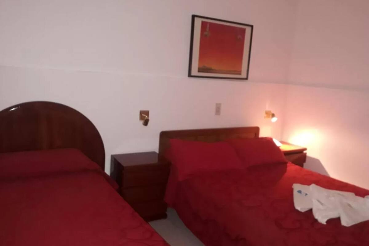 A room with two single beds, each with a wooden headboard and red bedding. There is a framed picture on the wall above the beds.