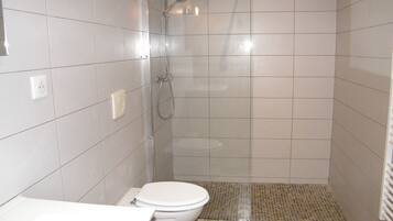Une petite salle de bain carrelée, équipée d’une douche, de toilettes et d’un lavabo.