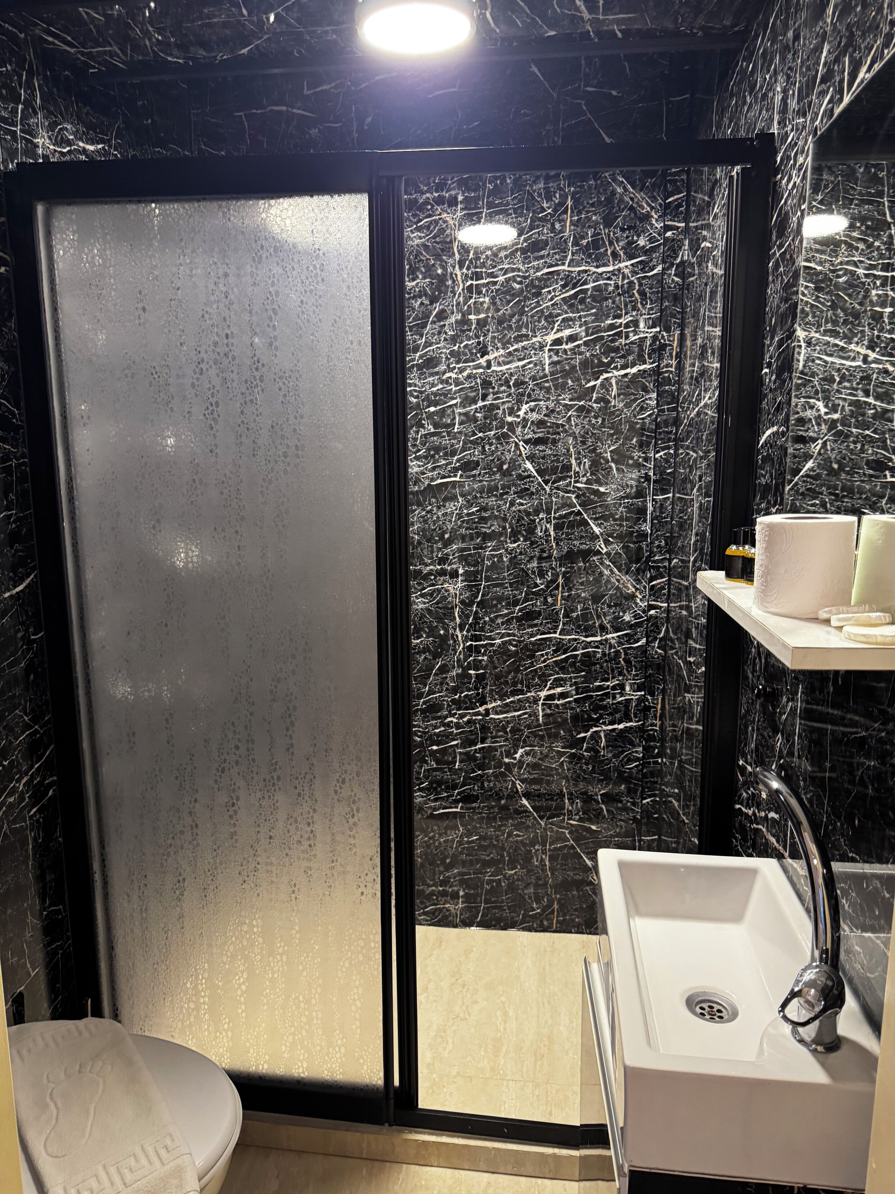 A bathroom with a white sink, a toilet, and a shower with a glass door.
