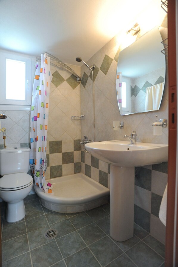 A bathroom with a toilet, shower, and sink.