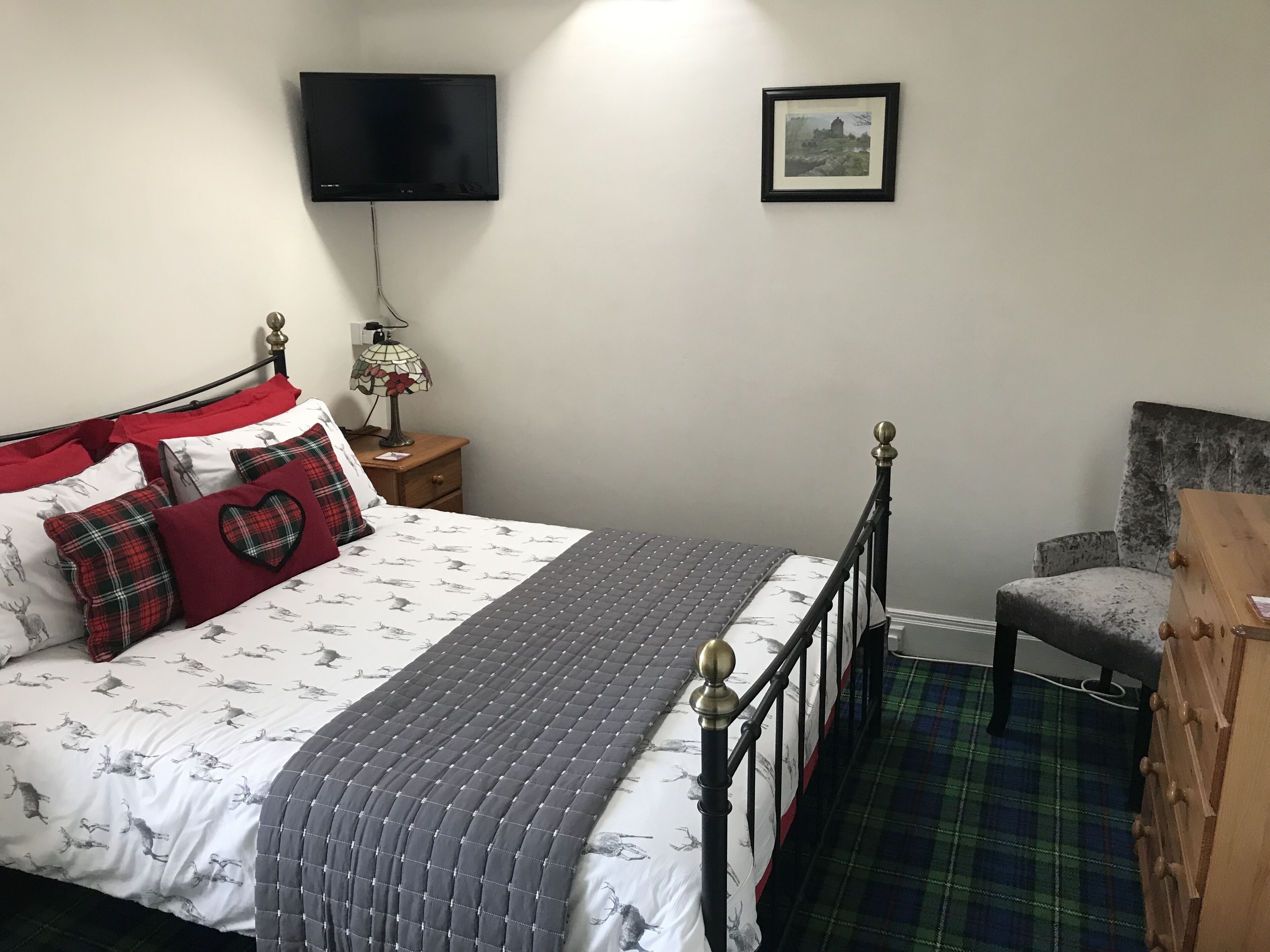A bedroom with a bed, a TV, a framed picture, and a chair.