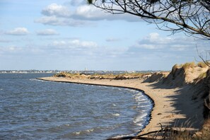 A coastal landscape with a sandy beach, calm water, and a distant cityscape. - Lodging 2 Gîte Madame CLIMATISE IN THE CALM OF THE GREAT VERSENNES  (Saintes)