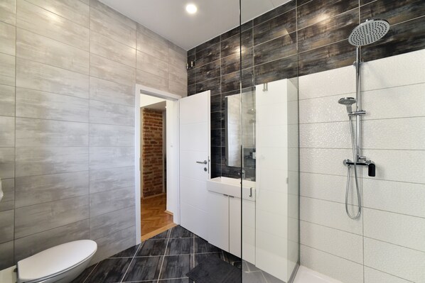 Apartment | Bathroom | Shower, hair dryer, towels