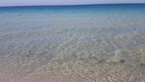 A clear view of a beach with shallow water and a distant horizon.