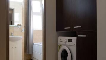 A compact laundry room with a washing machine, a sink, and a mirror.
