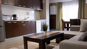 A compact living space with a kitchenette, a dining area, and a seating area.