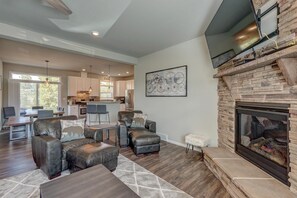 TV, fireplace, books