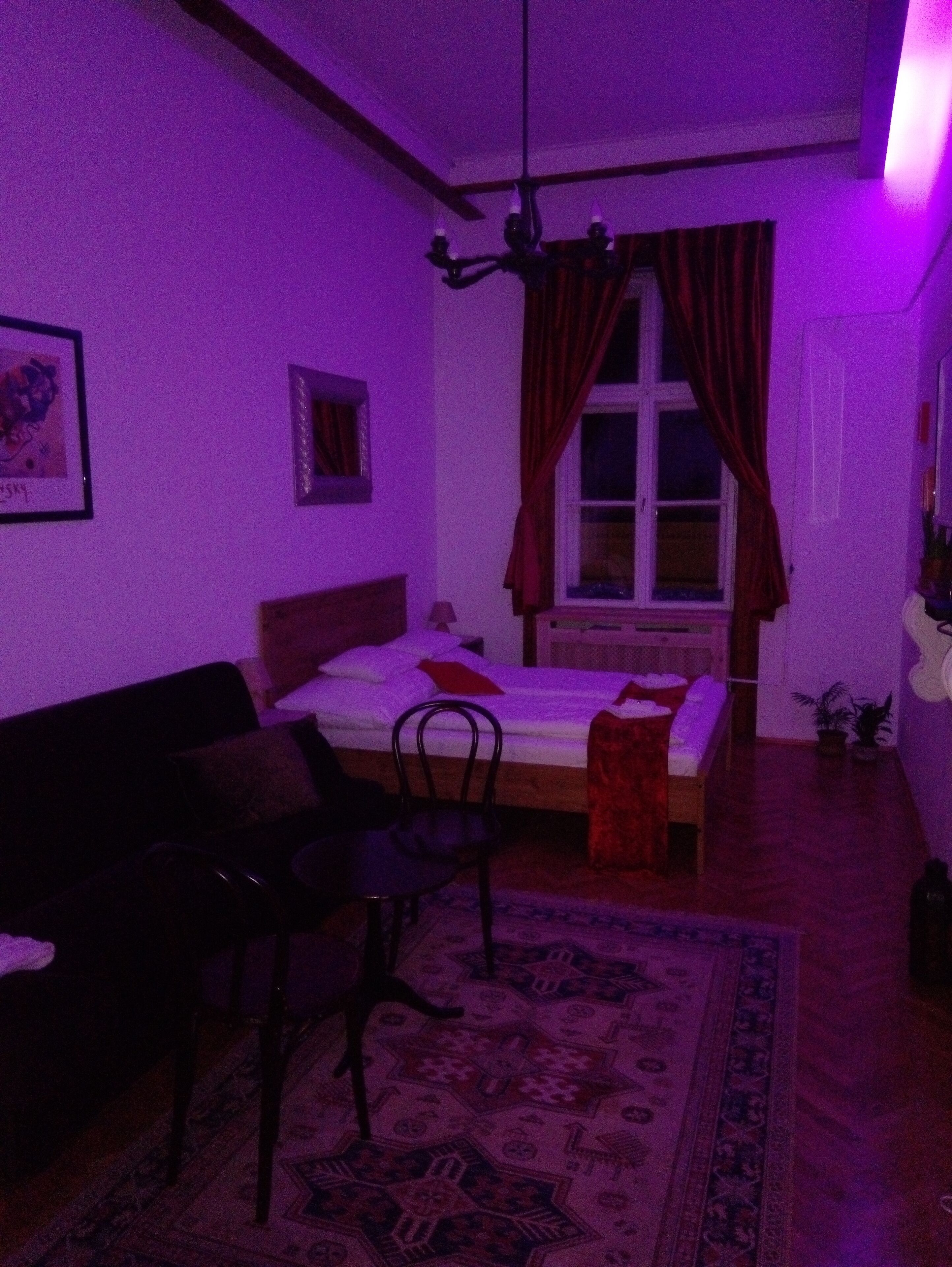 Une chambre à coucher avec un lit, une chaise, une fenêtre avec des rideaux, un radiateur et une petite plante.