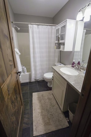 A bathroom with a shower, toilet, sink, and mirror.