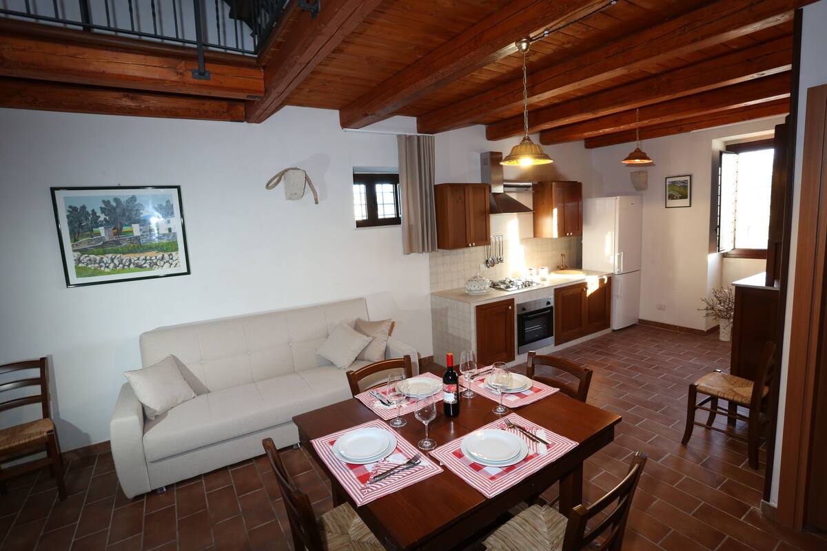 Zona pranzo con tavolo in legno apparecchiato per quattro persone, divano e cucina sullo sfondo.