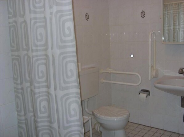 A bathroom with a toilet, a sink, and a shower area. - Gasthof Bergquelle (Wandlitz)
