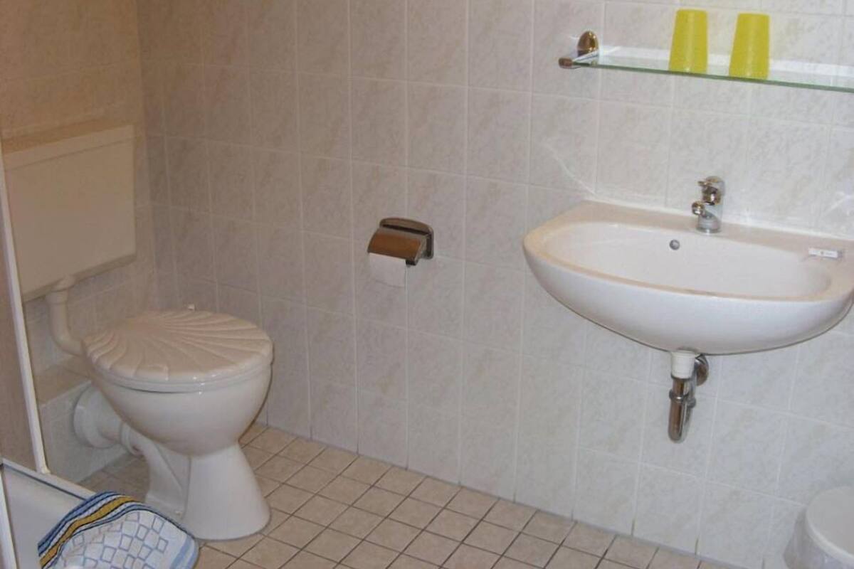 Kylpyhuone, jossa on wc, pesuallas ja hylly, jossa on hygieniatuotteita.