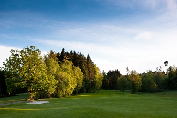 A golf course with a well-maintained green, sand bunkers, and a variety of trees. - Golfhotel Bodensee by Michael Ritter (Weissensberg)