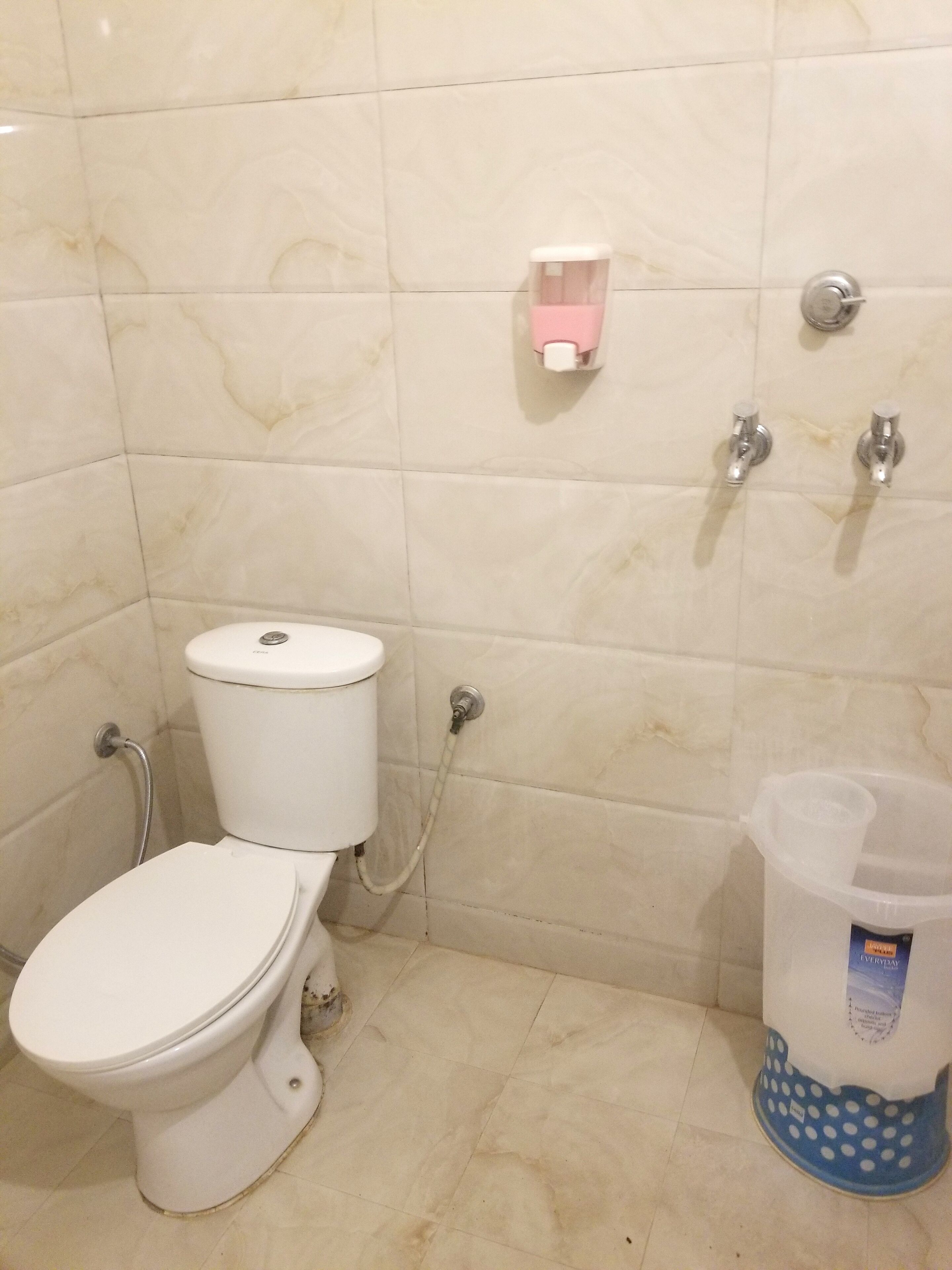 Een badkamer met toilet, douche en een zeepdispenser.