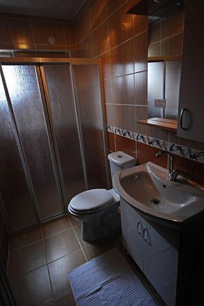 A compact bathroom with a toilet, sink, and shower. - Sullu Dag Evi (Dereli)