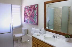 Un baño con inodoro, lavamanos y espejo.