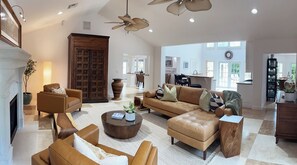 Smart TV, fireplace, DVD player, books