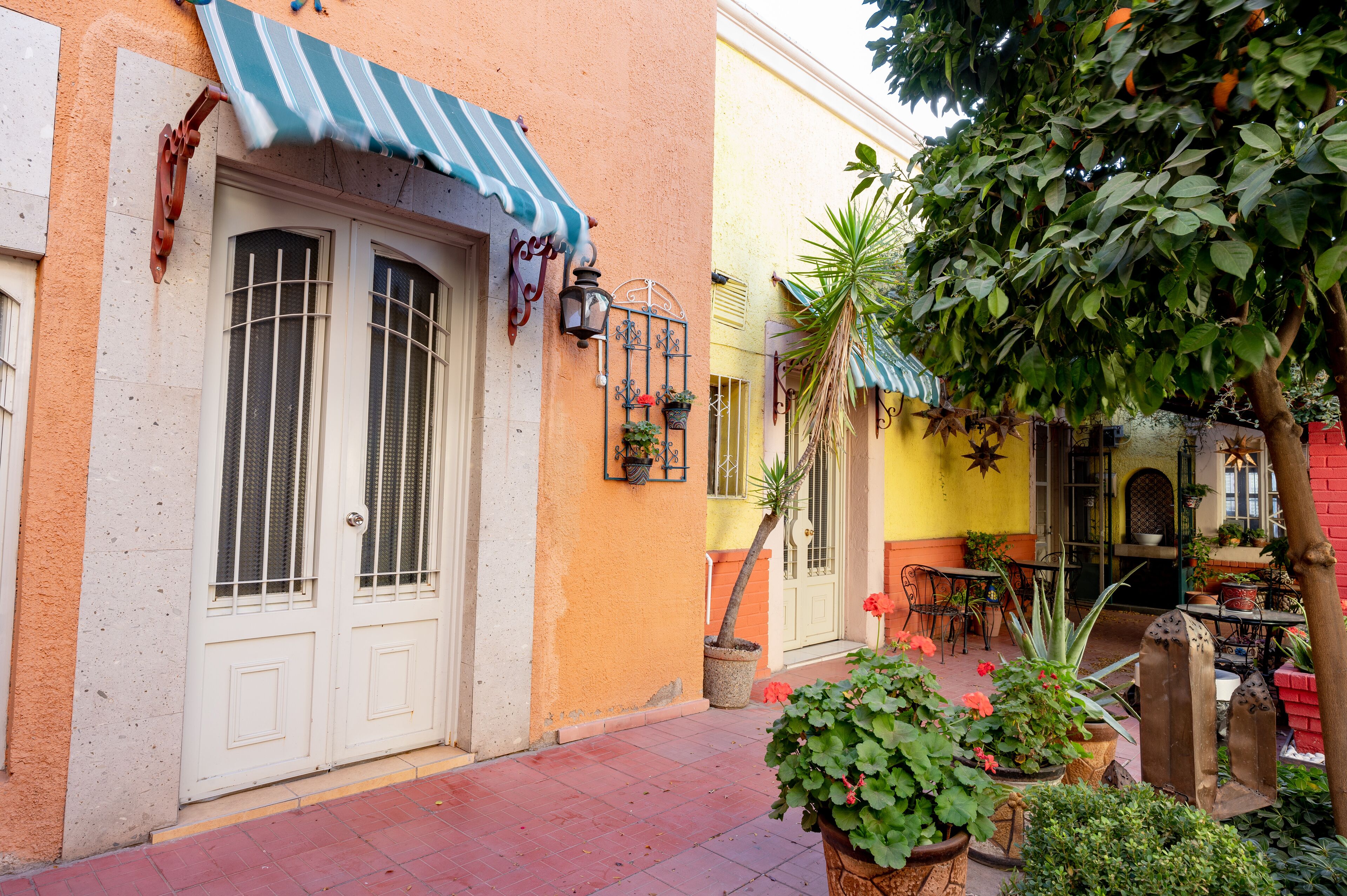 Una calle estrecha con un edificio que tiene una puerta blanca, un toldo a rayas, plantas en macetas y un árbol.