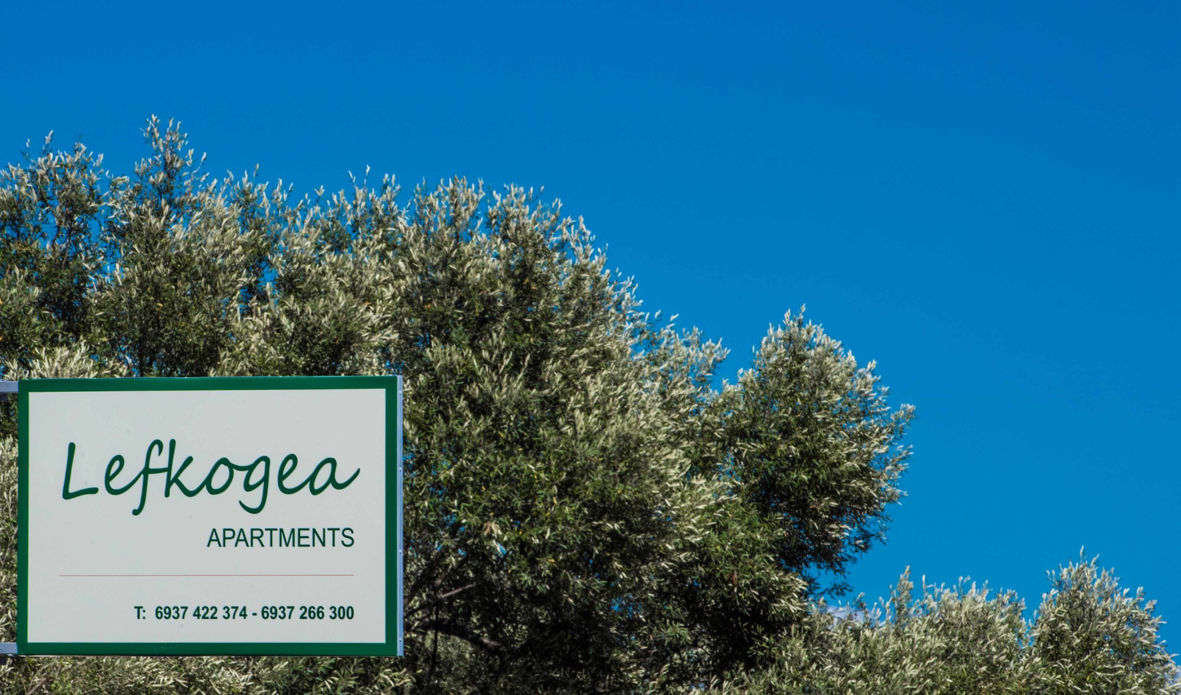 A sign for Lefkoge Apartments with contact numbers.