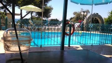 Seasonal outdoor pool, open 8:00 AM to 8:00 PM, pool umbrellas
