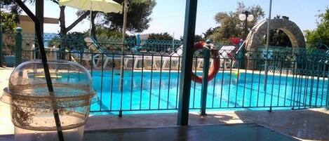 Außenpool (je nach Saison geöffnet), Sonnenschirme, Liegestühle